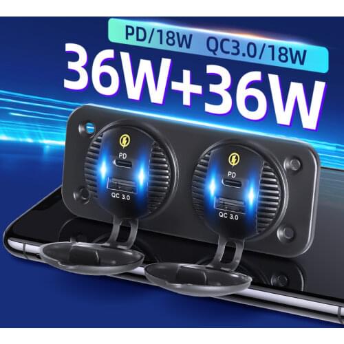 Car Charger QC3.0 & Type-C Outlet 12V/24V Dual USB C PD Quick Charge for Marine Boat Motorcycle Truck Camper Power Adapter Panel