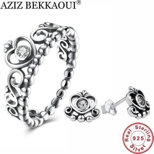 AZIZ BEKKAOUI 100% Stainless Steel Color Jewelry Set My Princess Queen Crystal Crown Jewelry Sets Wedding Engagement Jewelry