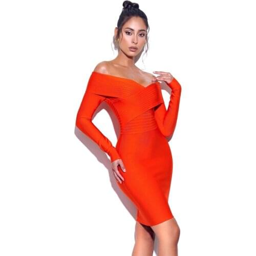 Free Shipping Wholesale Womens Dress Orange Red Strapless Slash Neck Long Sleeve Sexy Celebrity Cocktail Party Bandage Dress