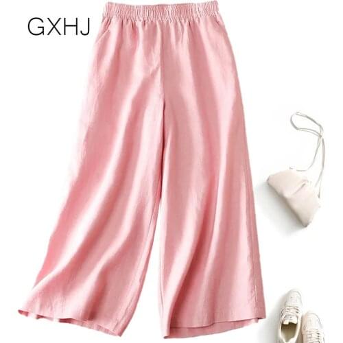 High Waist Casual Loose Cotton Linen Cropped Pants Fashion wide leg pants Elastic Waist Womans Linen Trousers LHJ060