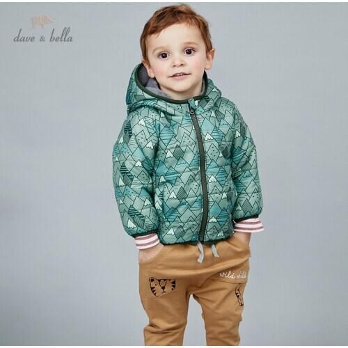 DBA14626 dave bella winter baby boys fashion print pockets hooded padded coat children tops infant toddler outerwear