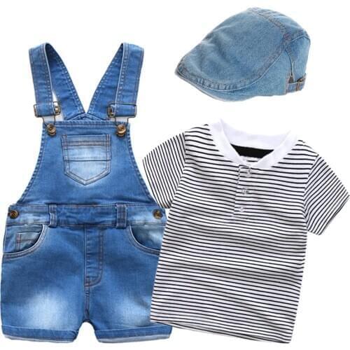 Toddler Kids Denim Clothes Summer Boys Cowboy Hat + Striped Top + Bib Jeans 3 PCS Short Fashion Children Outfits KB8052