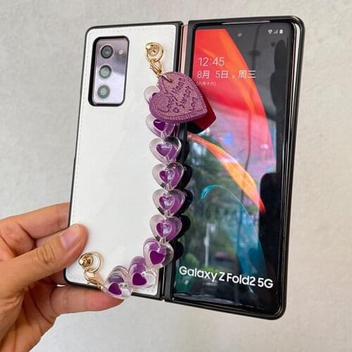 For Samsung Galaxy Z Fold 2 F9160 W21 5G Luxury Fashion Cute Crystal Love Heart Hand Chain Leather Protective Case Cover Conque