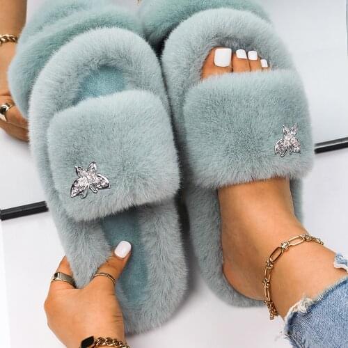 Fur Slippers Fluffy Soft Furry Slides Crystal Butterfly Sandals Flip Flops Thick Bottom Indoor Slippers Female Winter Warm Shoes