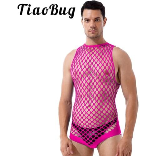 Mens See Through Lingerie Stretchy Romper Bodysuit Halter Neck Sleeveless Keyhole Back Catsuit Hollow Out Netted Bodystockings