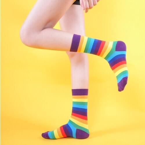New Classic Wholesale Candy Color Spring Soft Cotton Woman Rainbow Stripe Exquisite Harajuku Casual Fashion High Quality Socks