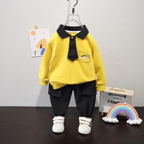2021 Autumn Spring New Children Academic Style Clothes Sets Baby Boys Cartoon Lapel Shirts with Tie+Pocket Pants Toddler Outfits