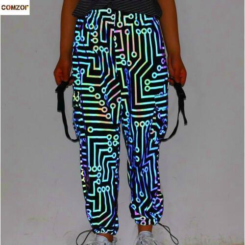 Circuit pattern women cargo pants colorful reflective hip hop casual trousers ribbon multi-pocket overall pantalon femme