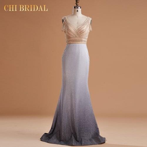 Golden Evening Dresses Mermaid None Sleeves Sexy V Neck Evening Gown Elegant Backless Formal Party Dress