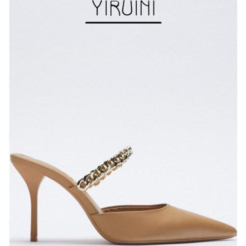 2021 Spring Sandals Women Brown Chain Embellishment Pointed Mary Jane High Heels