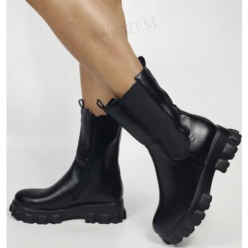 DOBANER Comfortable Women Ankle Platform Boots Black Mid Heels Booties Slip On Femmes Bottes Shoes Woman Plus Size 43 44 45 46