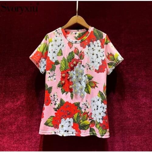 Svoryxiu Designer Summer Flower Print Short Sleeve Tops Tees Womens Manual Crystal Beaded Fashion T Shirts