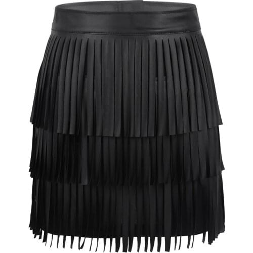 Womens Fashion Punk Cocktail Skirt Hippie Boho PU Leather High Waist Layered Fringe Tassel Bodycon Party Clubwear Mini Skirt