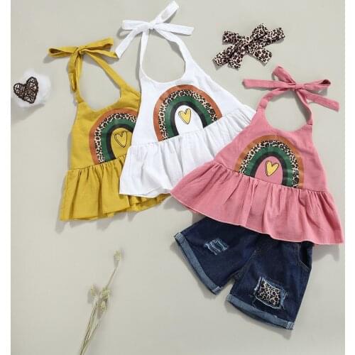 Girl’s Vest and Shorts Suit Fashion Rainbow Halter Tops and Leopard Patchwork Denim Shorts