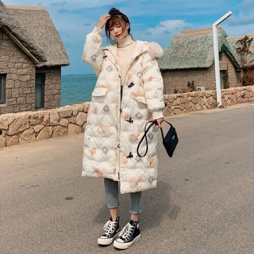 Winter New Thick Cotton Coat Women Cartoon Embroidery Jacket Womens Natural large fur collar down cotton coat female long parka