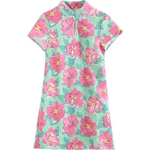 Elegant print vintage mini dress Summer womens fashion flower improved cheongsam slim dress for womens dress vestidos