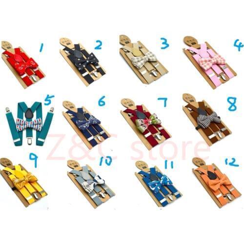 120sets/lot child kid candy color Suspenders with color bowtie set/Y-Back Adjustable Elastic Boy Suspenders with print Bow Tie