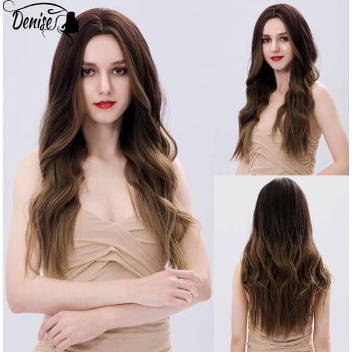 Long Brown Girl Daily Wave Hair Synthetic Wig For White Women Middle part Natural Heat Resistant Female Ombre Cosplay Wavy Wig