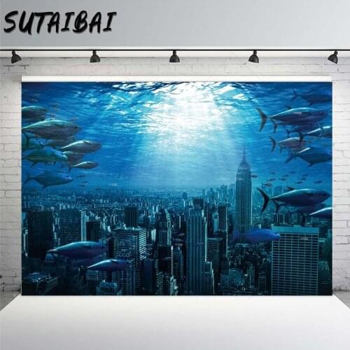 Underwater Cityscape Backdrop Blue Ocean Fishes Under The Sea New York City View Background for Children Kid Baby Birthday Party