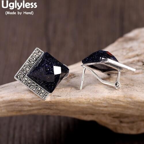Uglyless Faceted Shinning Aventurine Square Studs Earrings for Women Real 925 Silver Ear Clips Marcasite Earrings Ethnic Jewelry