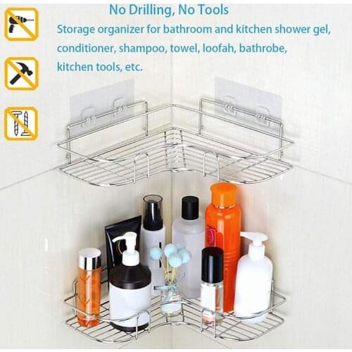 2 PCS No drill Bathroom kitchen Punch Corner Frame Shower Shelf Wrought Stainless Steel Shampoo Storage Rack Holder accessories
