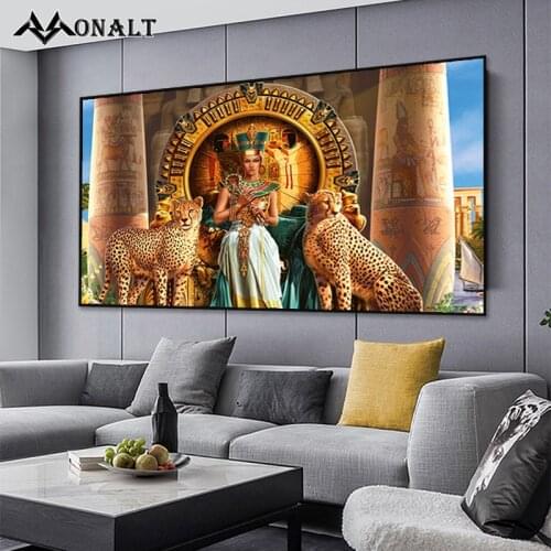 Golden Woman Tiger Egyptian Queen Jaguar Oil Paintings Canvas Print Sexy Girl Animal Wall Art Luxurious Living Room Decorative