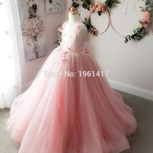 Princess Lace Ball Gown Bling Beaded Flower Girl Dress Girls Pageant Gowns New Bow First Communion Dresses For Wedding Pink
