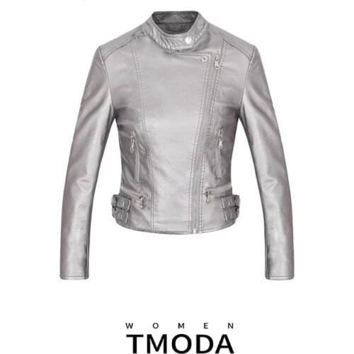 TMODA254 Autumn Winter Women Faux Leather Jackets Coats Lady Pu Motorcycle Shining Gary Zipper Coat Streetwear Biker Outerwear