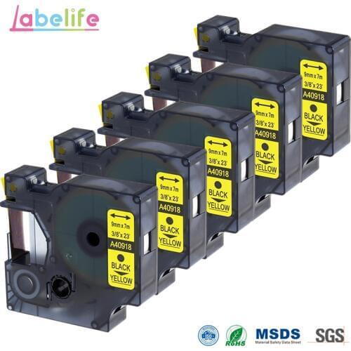 Labelife 5 Pack 9mm 40918 Black on Yellow Labeling Tapes Compatible for DYMO Label Makers Tape S0720730 Stationery Printer Tape