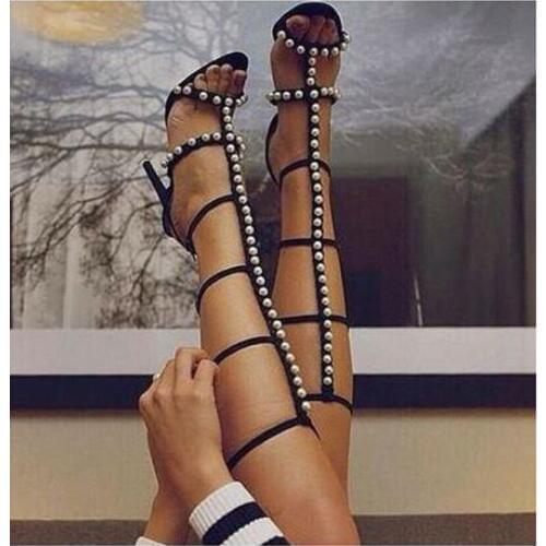 Summer New Fashion Women Open Toe Straps Design Rhinestone Gladiator Boots Knee High Crystal High Heel Sandals Boots Dress Shoes