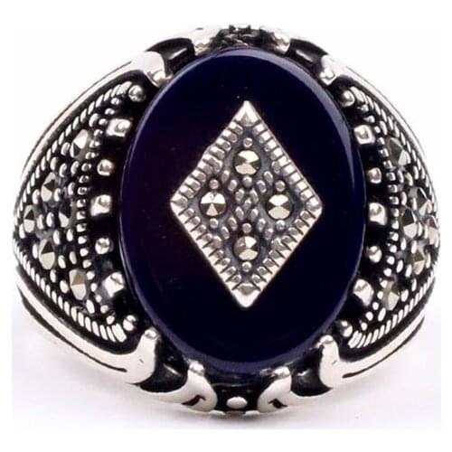 Mans 925 Dark Blue Black Agate Ring, Handmade 925 Silver Ring, Silver Handmade Ring for Man