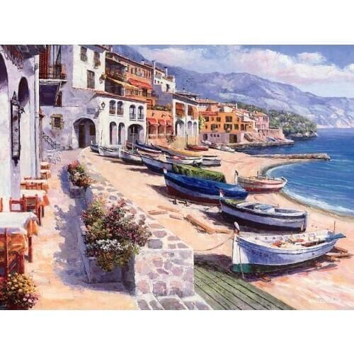 DIY Digital Painting By Numbers boat by the sea oil painting mural Kits Coloring Wall Art Picture Gift frameless
