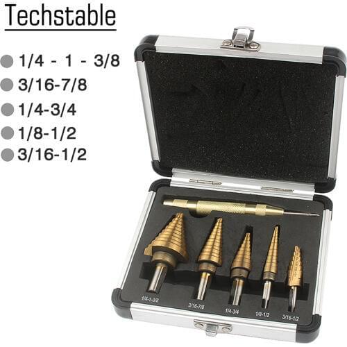 5pcs Step Drill Bit Set Hss Cobalt Multiple Hole 50 Sizes SAE Step Drills 1/4-1-3/8 3/16-7/8 1/4-3/4 1/8-1/2 3/16-1/2 Drill Bits