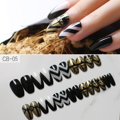 Art Deco design Coffin nail 24pcs full sets fake nails Black gold glitter Medium natural color red Matte Ballet press on Easy