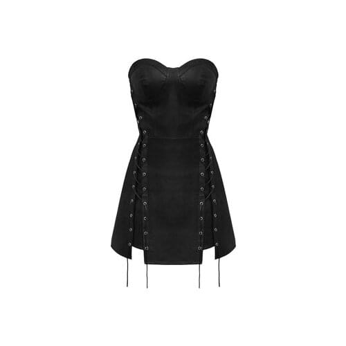 New Autumn Vintage Black Hot Girl Bra Dress Harajuku Punk Streetwear Slim High Waist Drawstring Bandage Fashion Mini Dress