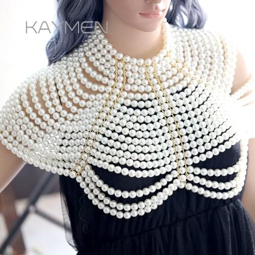 KAYMEN New Arrived Women Synthetic Pearls Beaded Body Chain Bib Collar Necklace Handmade Statement Body Jewelry Necklace Party