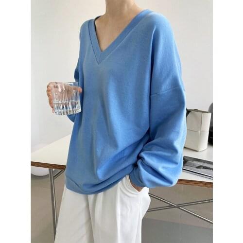 Autumn Thin V-Neck Pullover Sweater Womens Korean Loose Ins Lazy Style Long-Sleeved T-Shirt Top