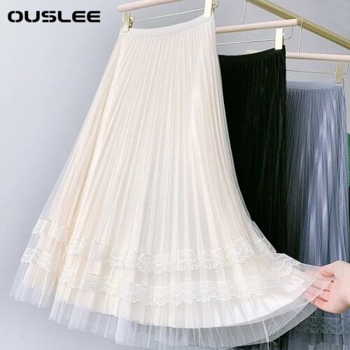OUSLEE Ladies Summer Vintage Skirts Casual Elastic High Waist Elegant Sexy Midi Pleated Mesh Tutu Skirt Women Tulle Skirt Female
