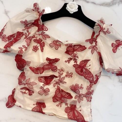 Sexy Embroidery Women Shirt Square Collar Puff Short Sleeve Patchwork Mesh Hit Color Tops