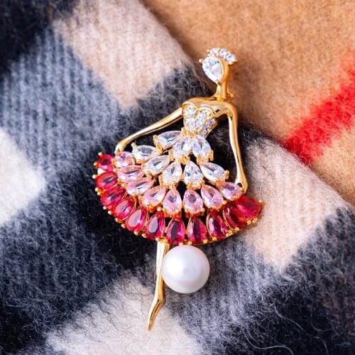 Beautiful Ballet Dancer Brooch For Women White Pink Red Cubic Zirconia Dress Pins Pearl Jewelry Dress Scarf Hat Wedding Gifts