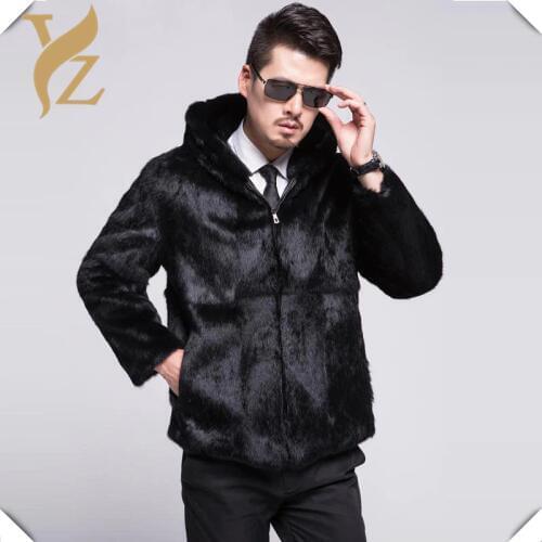 100% Nature Rabbit Fur Coat Men Jeckets Warm Winter With Hood Rabbit Fur Topcoat Real Fur Coats Overcoat Luxurious Clothing