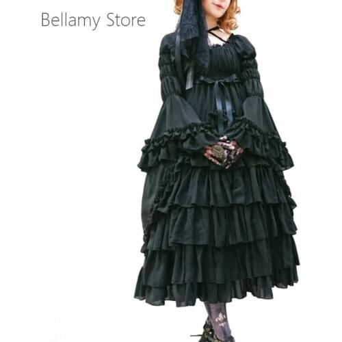 Gothic Lolita daily high waist round neck palace sleeve long sleeve bow cake pompous dress
