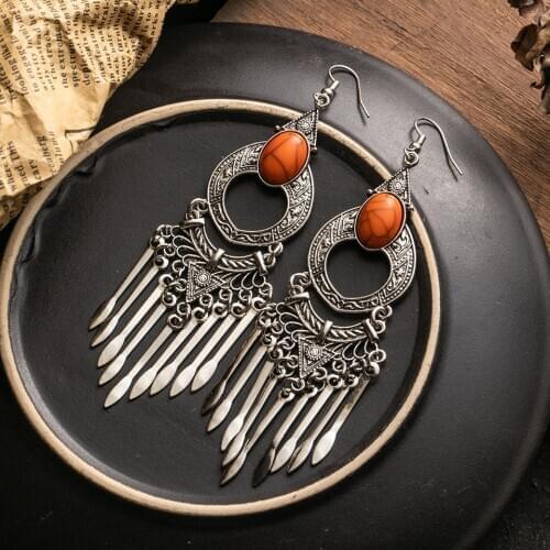 Vintage Elegant Earrings 2019 Oversize Boho Natural Stone Tassel Dangling Hanging Drop Earrings For Women Statement Jewelry Gift