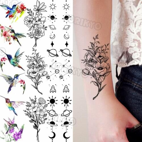 Dahlia Temporary Tattoos For Women Adults Realistic Cosmic Watercolor Hummingbird Fake Tattoo Sticker Creative Tatoos Arms Legs
