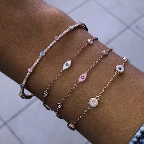 High Quality Rose Gold Color Turkish Evil Eye Bangle For Lady Girls Enamel Pink Blue Eyes Bezel Setting CZ Fashion Bracelet