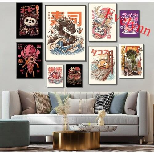 Japan Food Posters Ramen Sushi Dragon Ramen Takoyaki Watermelon Ice Cream Black Coffee Kitchen Decor Canvas Wall Art Prints Gift