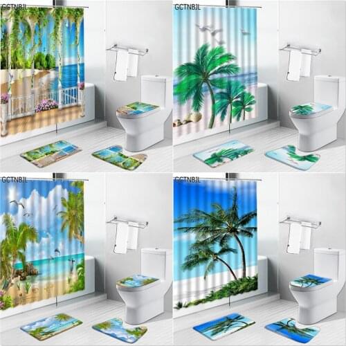 Ocean Scenery Shower Curtains Carpet Summer Beach Sea Palm Tree Landscape Bathroom Home Decor Non-slip Bath Mat Toilet Rugs Set