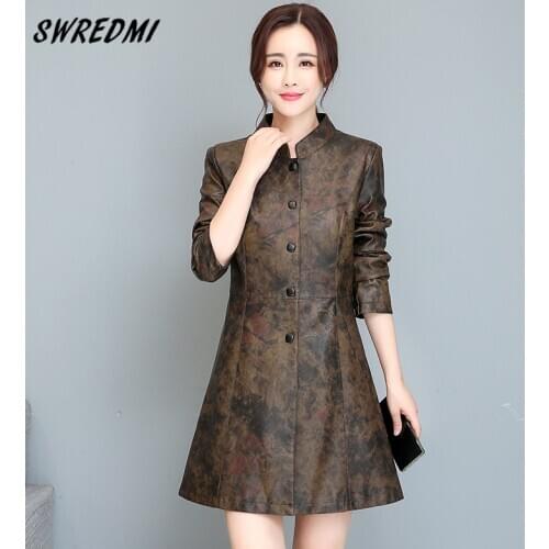 SWREDMI Long Leather Trench Women Autumn And Winter Leather Coat Print Fashion Jackets High Street Office Lady Leather Clothing