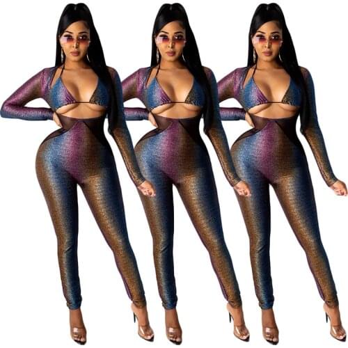 Sexy Club Night Party Mesh Patchwork Jumpsuit For Women One Piece Overall Bodycon Cut Out Rompers Fall Winter Outfits Suit S-XXL