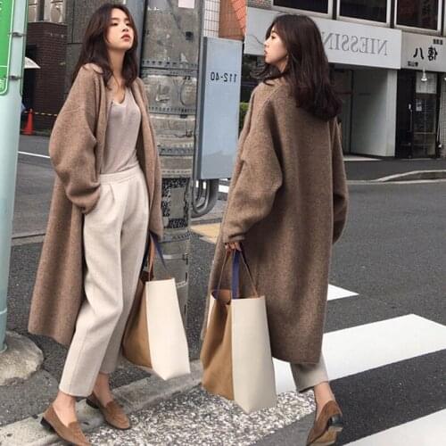 New Autumn Winter Wool Knitted Long Cardigan Women Open Stitch Long Sleeve Long Midi Coat Korean Loose Outwear Casual Solid